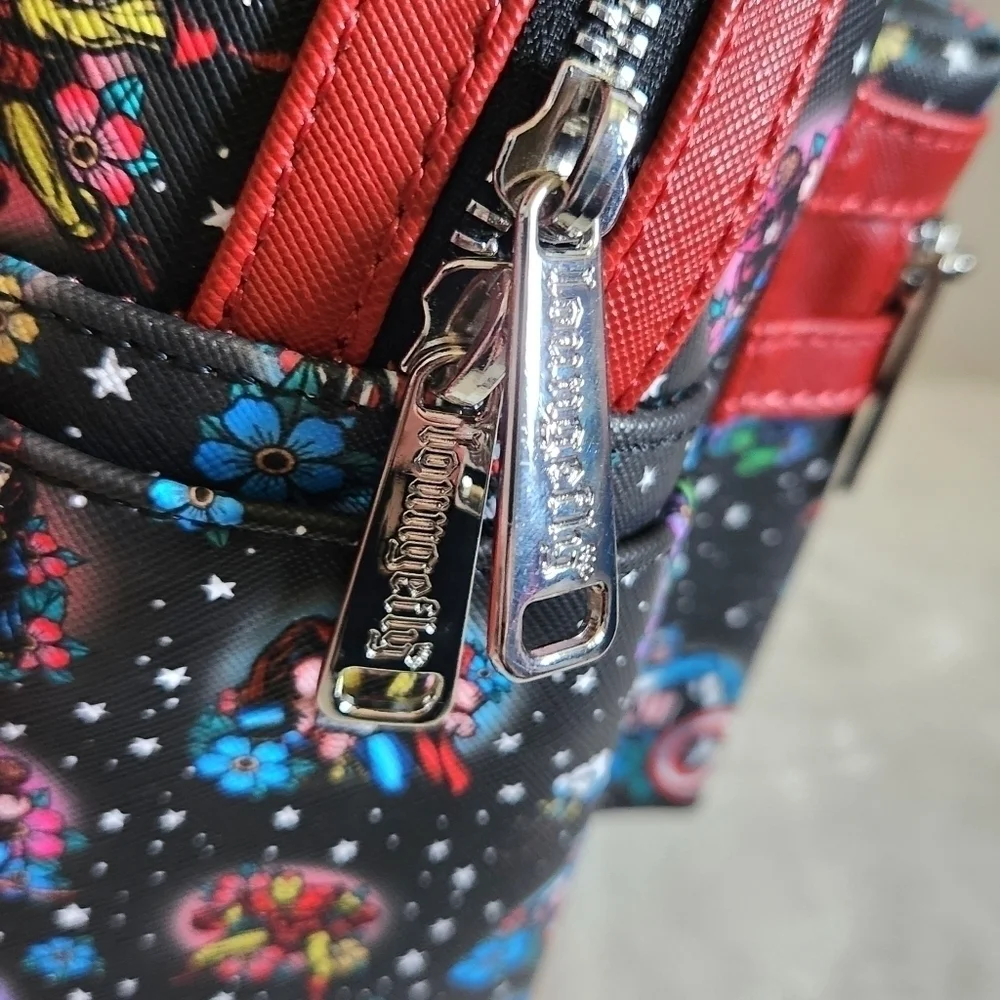 Loungefly Marvel Avengers Tattoo Floral Black Red Mini Backpack NWT